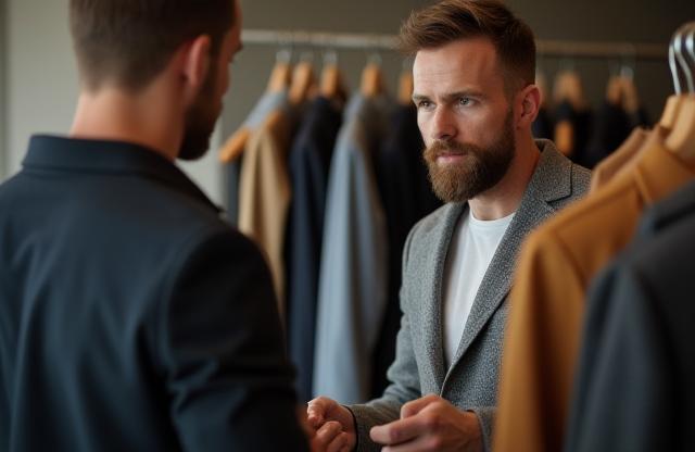 Two men discussing clothing styles during a fitting